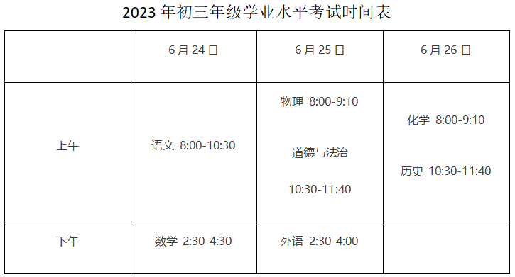 2023年初三年級學業水準考試時間表