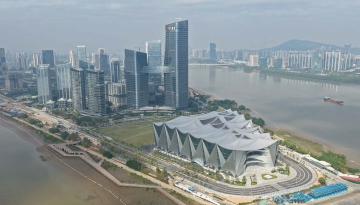 這是2025年12月11日拍攝的位於廣州市南沙區明珠灣靈山島尖的大灣區科學會堂(無人機照片)。 這是2025年12月11日拍攝的位於廣州市南沙區明珠灣靈山島尖的大灣區科學會堂(無人機照片)。