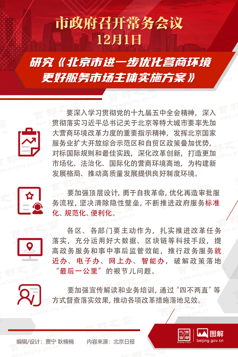 市政府常務會議：研究《北京市進一步優化營商環境更好服務市場主體實施方案》