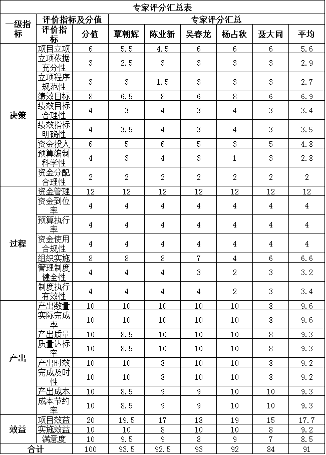 专家评分汇总表