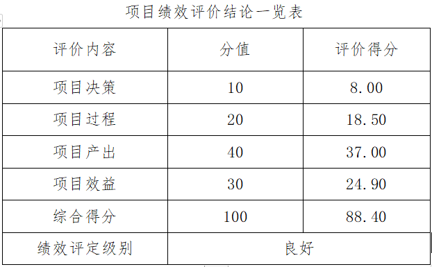 项目绩效评价结论一览表