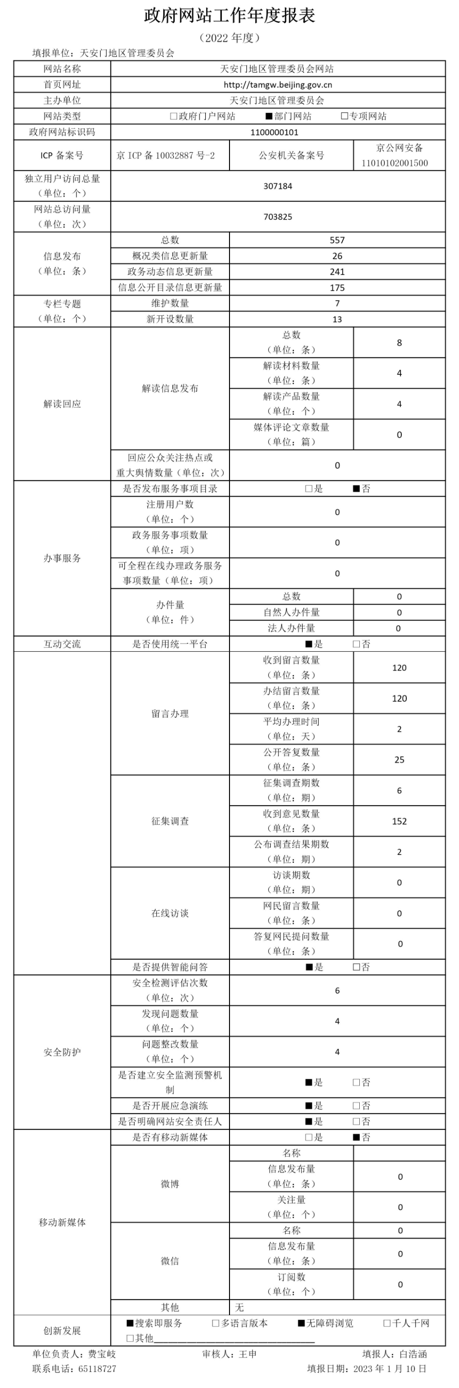 天安门地区管理委员会2022年政府网站年度工作报表