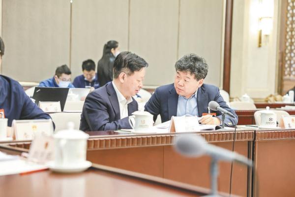 3月9日，在十四届全国人大一次会议北京市代表团小组会议休息期间，李树森代表（左）和吴晨代表就国务院机构改革方案热烈讨论、交换意见。