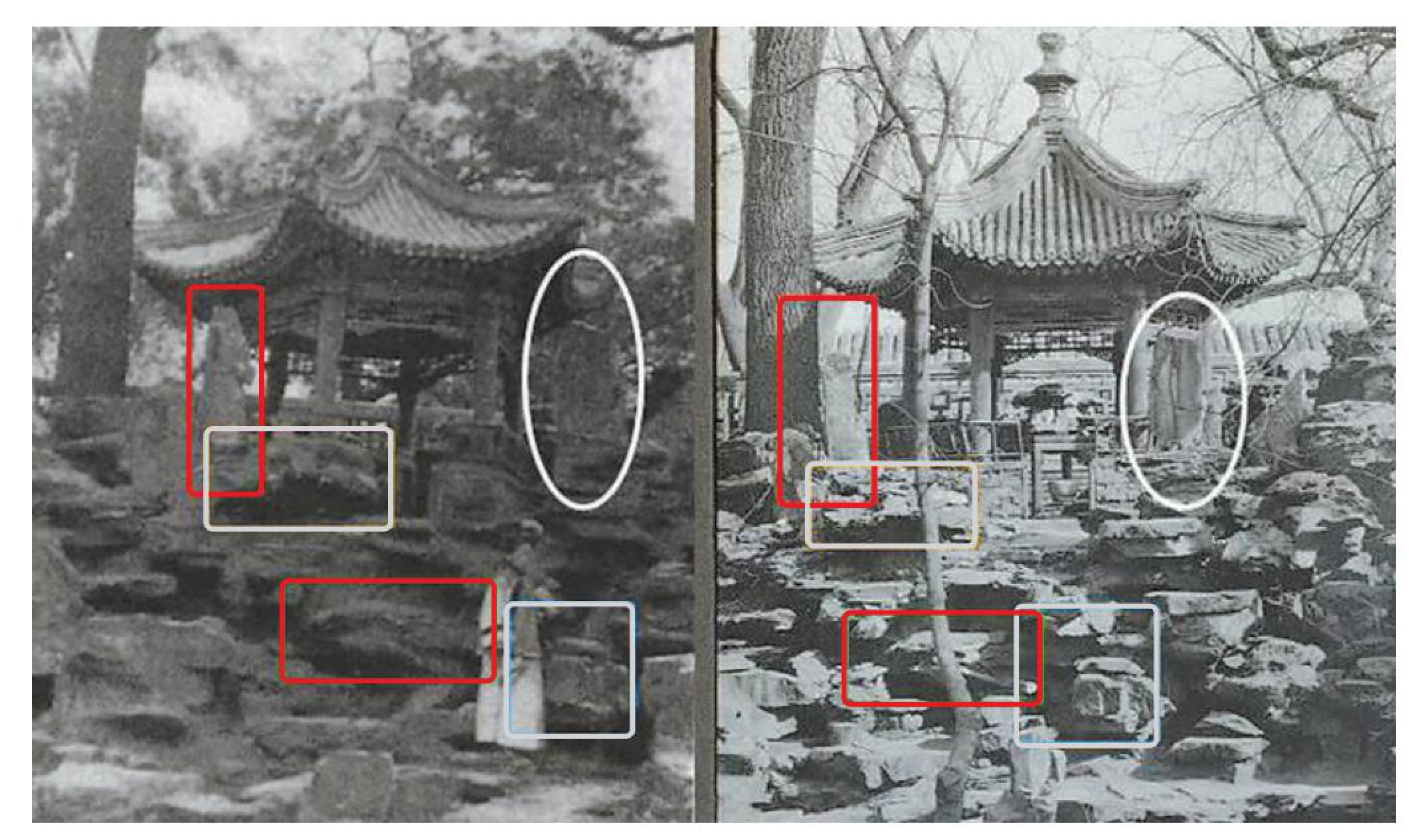假山六角亭对比，左为《我的北京花园》中插图，右为科克尔相册。