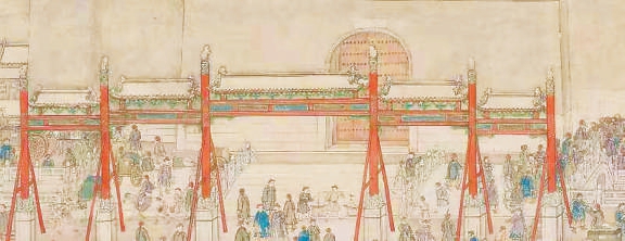 清乾隆三十二年徐扬绘《京师生春诗意图轴》（局部）中的正阳桥。此次镇水兽的出土地点，即在图右下角附近。