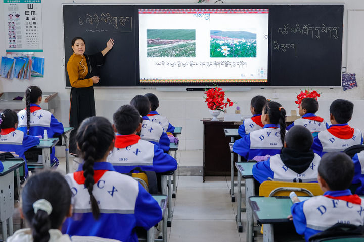 2024年9月27日，在四川省甘孜藏族自治州道孚縣城關第一完全小學，採取“藏加模式”教學的五年級一班的藏語文課上，準木周老師指導藏族學生以家鄉草原風物為主題寫作藏語文作文。