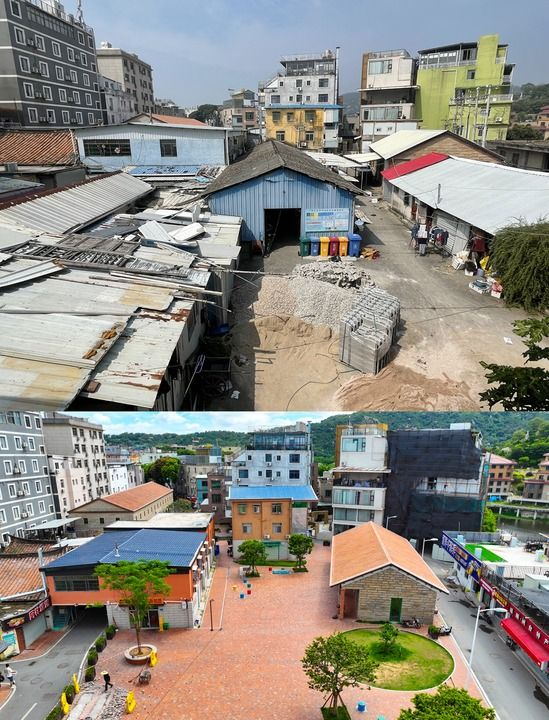 拼版照片：上圖為廈門市思明區濱海街道黃厝社區塔頭社城中村大廣場改造前的景象（資料照片）；下圖為2024年6月27日拍攝的同一地點改造後的景象（周義 攝，無人機照片）。