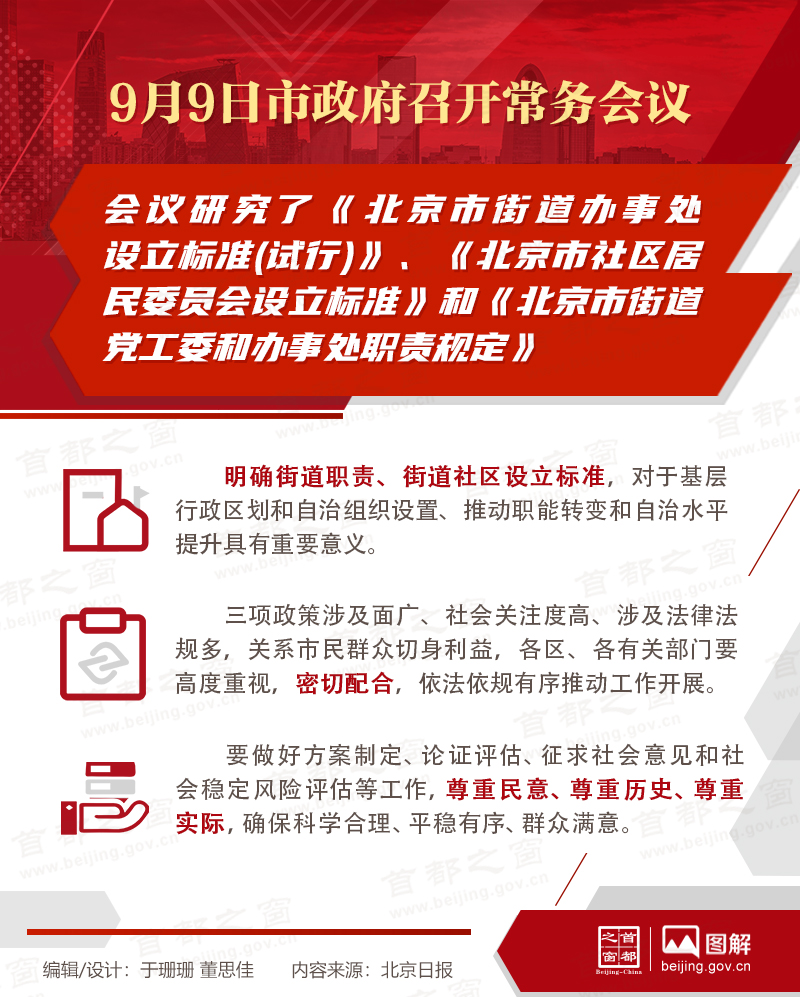 9月9日市政府召开常务会议研究《北京市街道办事处设立标准(试行)》、《北京市社区居民委员会设立标准》和《北京市街道党工委和办事处职责规定》
