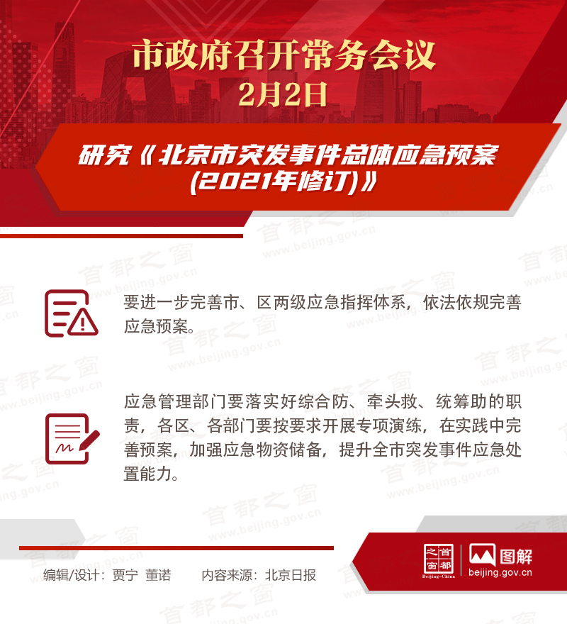 市政府常务会议：研究《北京市突发事件总体应急预案(2021年修订)》