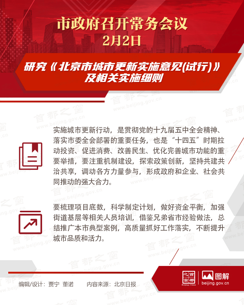 市政府常务会议：研究《北京市城市更新实施意见(试行)》及相关实施细则
