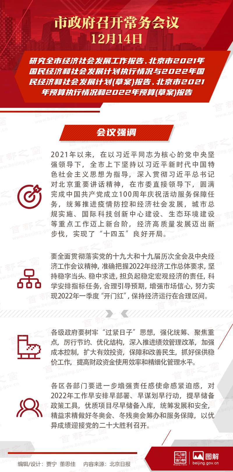 市政府常务会议：研究全市经济社会发展工作报告、北京市2021年国民经济和社会发展计划执行情况与2022年国民经济和社会发展计划(草案)报告、北京市2021年预算执行情况和2022年预算(草案)报告