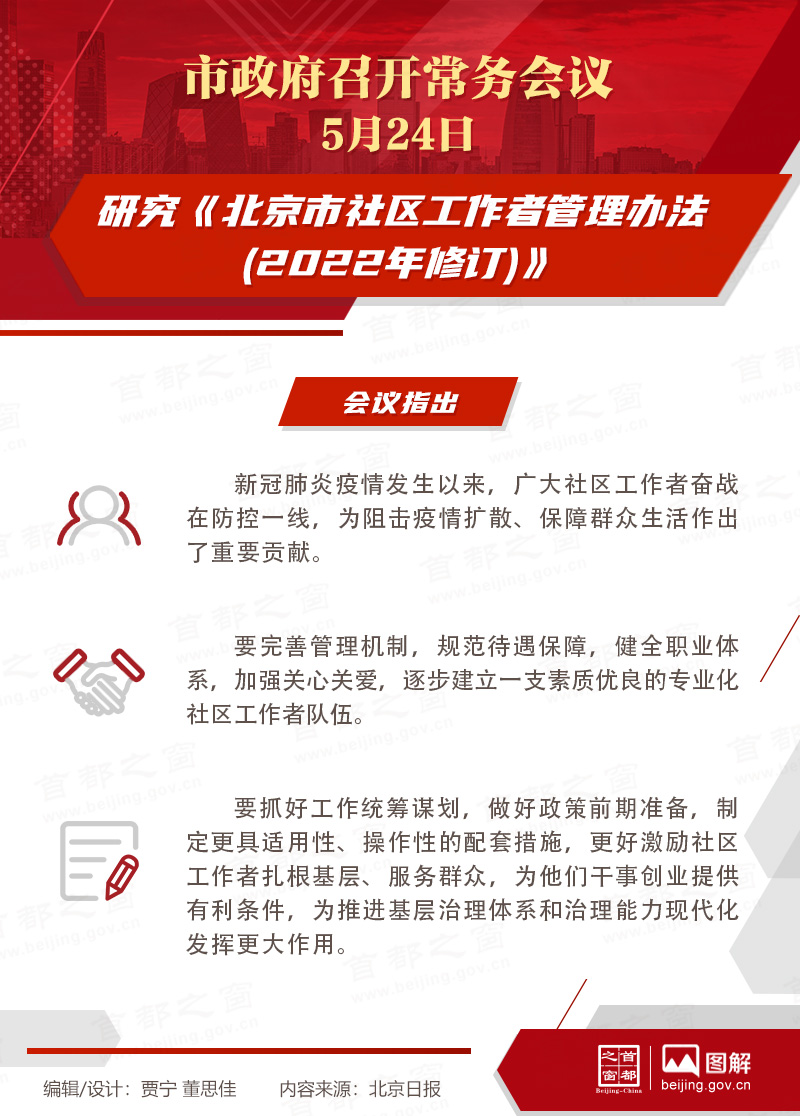 市政府常务会议：研究《北京市社区工作者管理办法（2022年修订）》