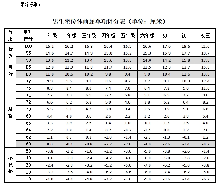 坐位体前屈测试要求及评分标准