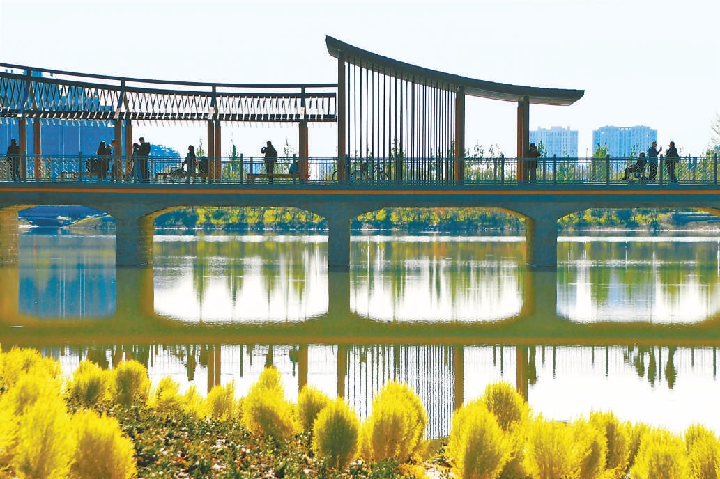 玉河湿地公园秋色缤纷、如诗如画，市民游客在湖心廊桥上远眺秋景斑斓。