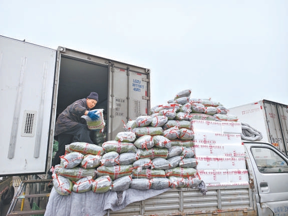 在新发地市场南方蔬菜交易区，商户正在装卸豇豆。