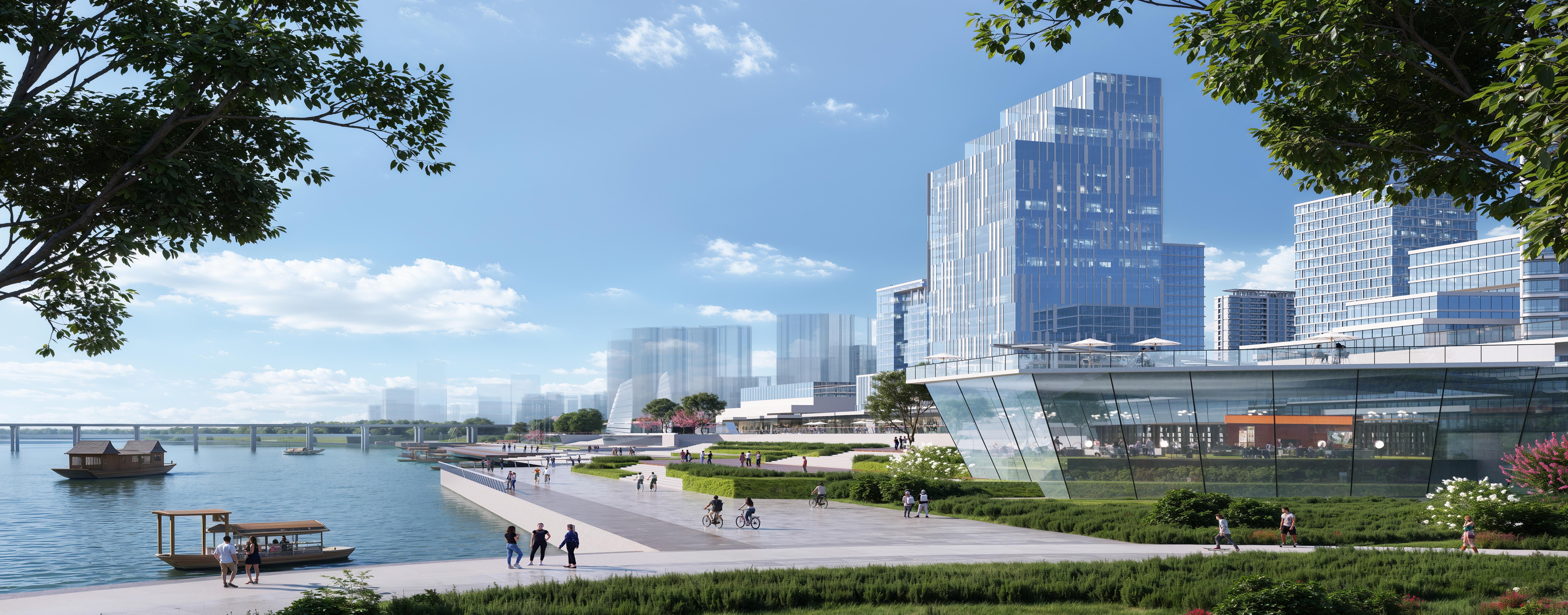 示范片区滨水空间规划效果图。