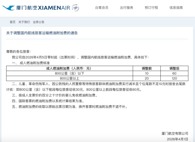 两家航空公司上调国内航线燃油附加费