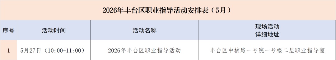 招聘信息：丰台区2026年5月公共就业服务活动计划（月历）
