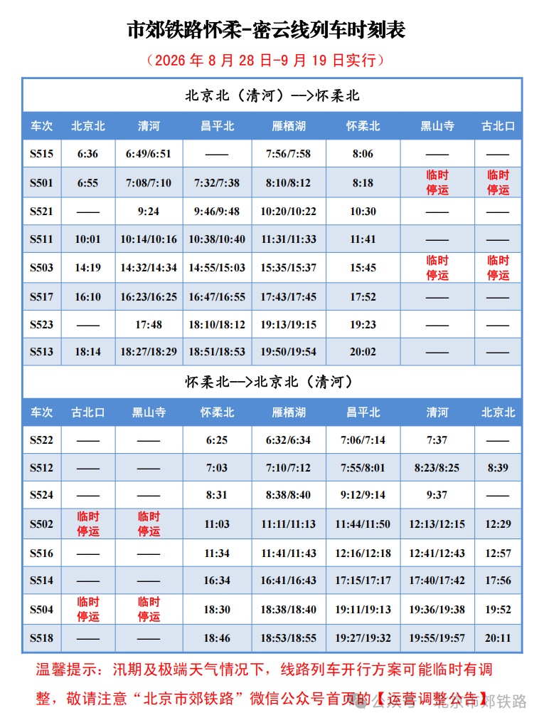 2026年8月28至9月19日怀柔-密云线部分列车临时调整运行区间公告 2026年8月28至9月19日怀柔-密云线部分列车临时调整运行区间公告