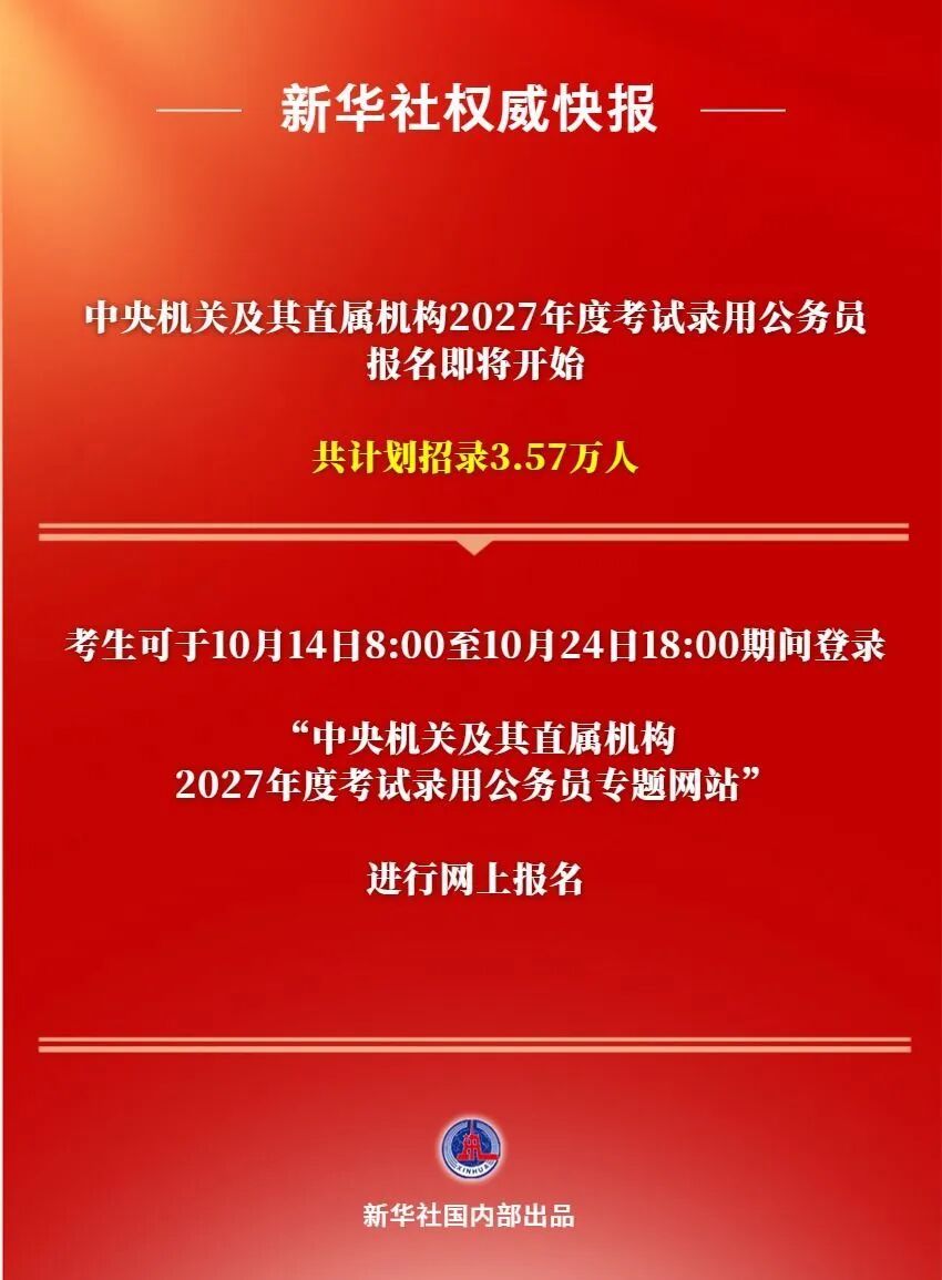 国考报名,明天开始!笔试11月29日举行,共计划招录3.57万人 国考报名,明天开始!笔试11月29日举行,共计划招录3.57万人