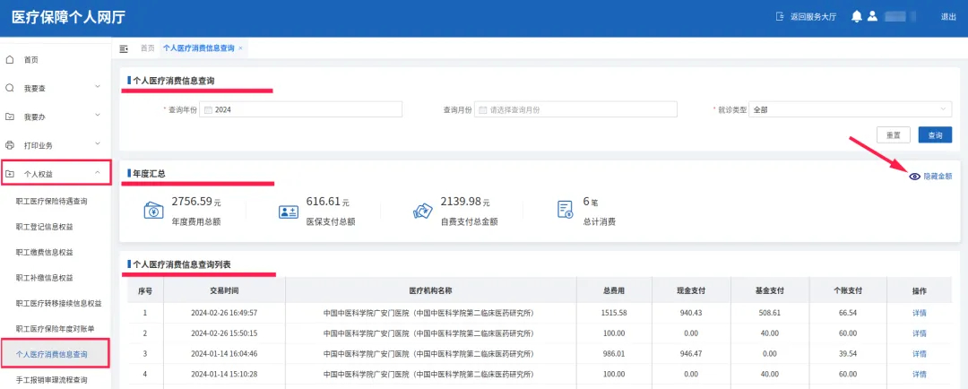 个人医疗费用信息查询
