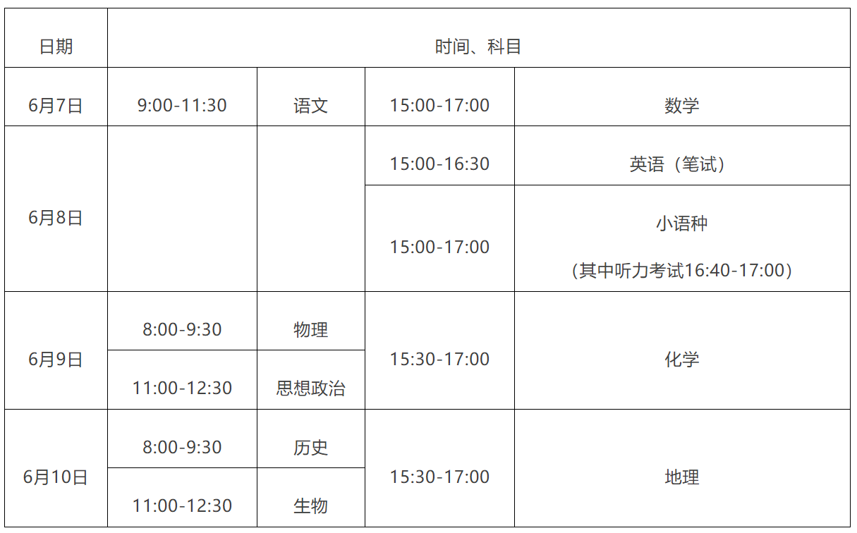 2025年考试时间安排