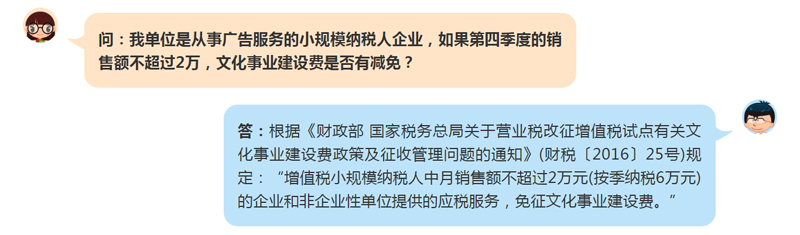 小规模纳税人第四季度销售额不超2万， 文化事业建设费能减免吗？