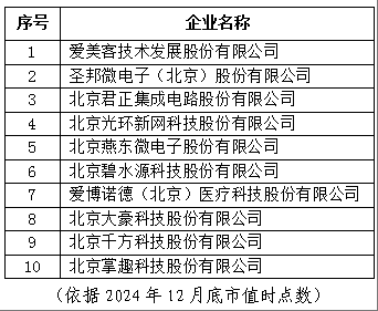 表2 北京市专精特新企业上市市值Top10