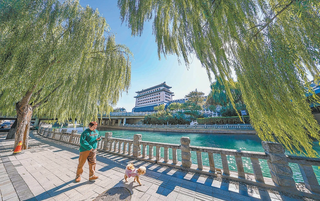 北護城河松林閘附近濱水空間開放，市民悠然暢行。