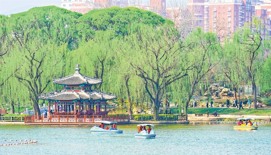 圖為清明假期，市民遊客在陶然亭公園乘坐腳踏船，泛舟賞景，盡享春日閒暇。