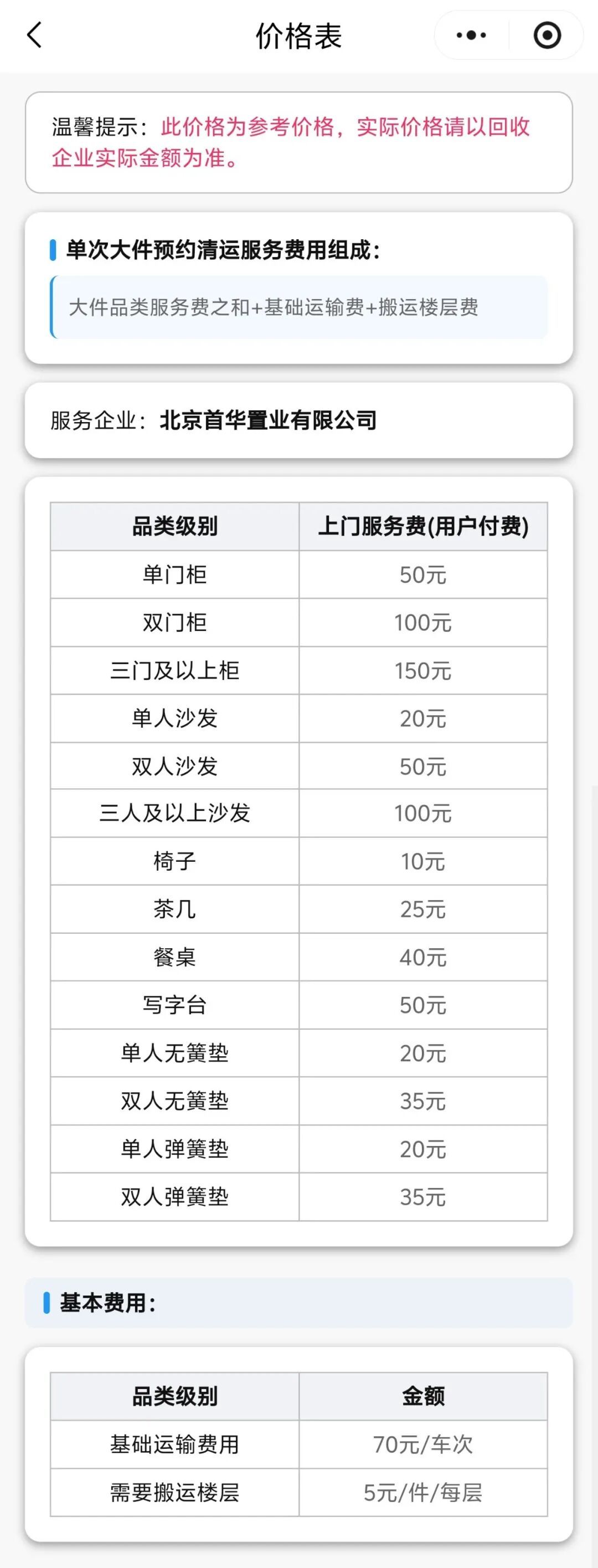 大件垃圾清運參考價格表
