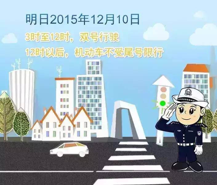 12月10日12時至20時本市機動車不受尾號限行交管措施限制
