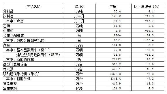 2019年規模以上工業企業主要産品産量