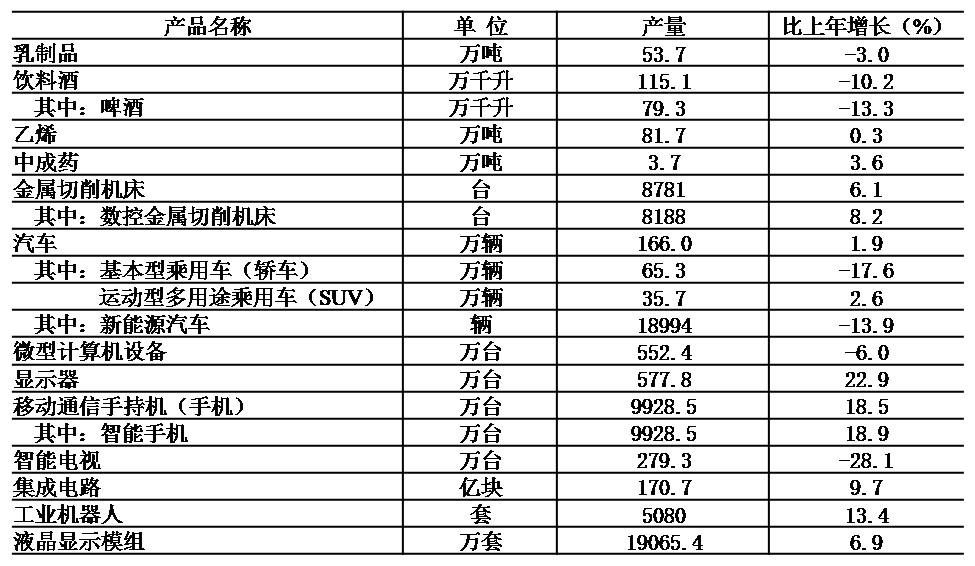 表5 2020年規模以上工業企業主要産品産量