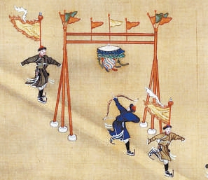 清代金昆等繪《冰嬉圖》卷中，選手在旌門前準備射箭