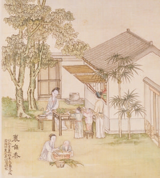 【清】徐揚《端陽故事圖冊》之“裹角黍”
