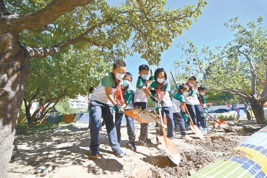 朝陽區芳草地國際學校世紀小學，孩子們在學校小花園裏翻地，在勞動課堂烤雞翅。