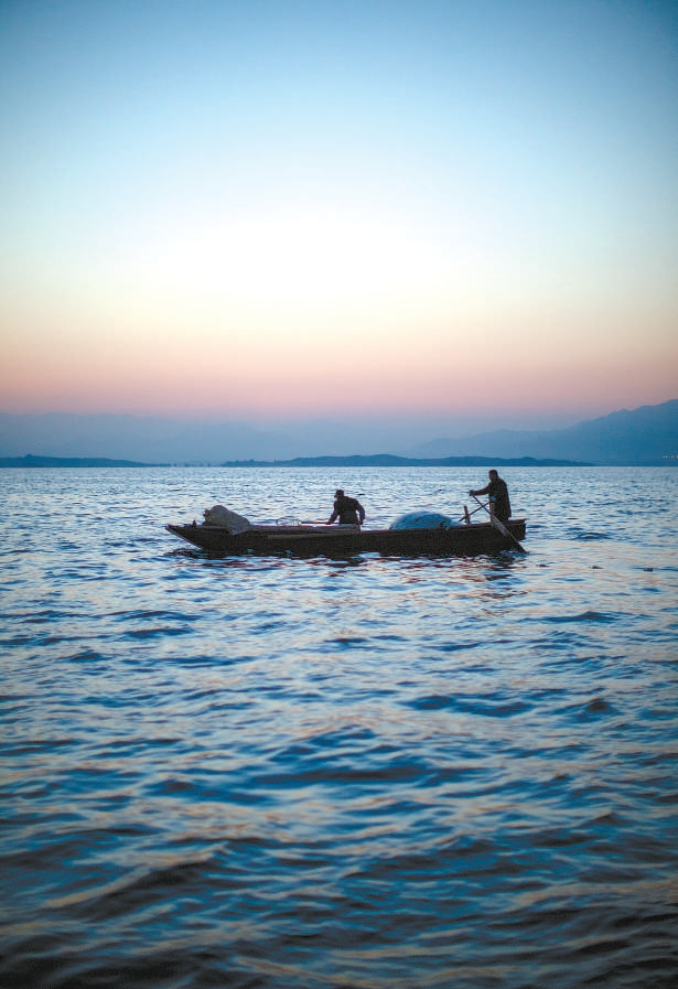晨曦裏，漁民搖著漁船滿載而歸。