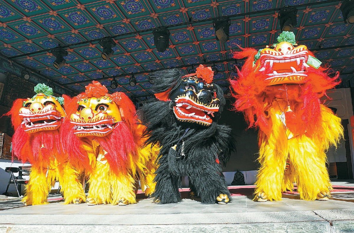 在石景山五里坨民俗陳列館內，白紙坊太獅女子舞獅隊的隊員們舞動起威風八面的太獅，巾幗不讓鬚眉。