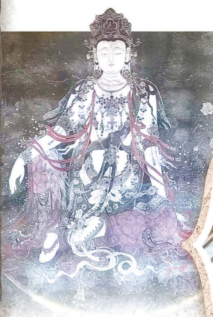 壁畫中最為精美的“水月觀音”像，觀音身披白紗衣，披紗上綴有一朵朵六菱花，每個花瓣均由48根金線組成。