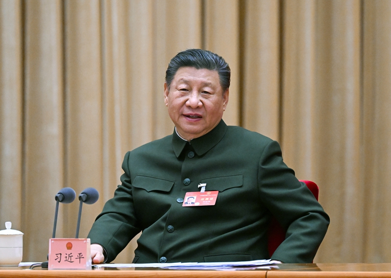 3月7日下午，中共中央總書記、國家主席、中央軍委主席習近平出席十四屆全國人大二次會議解放軍和武警部隊代表團全體會議併發表重要講話。