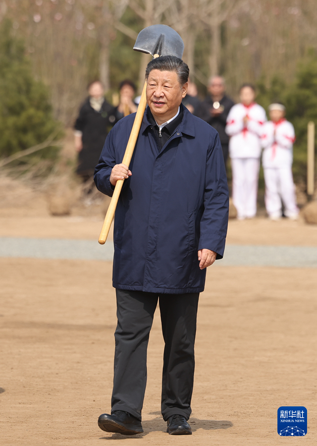 4月3日，黨和國家領導人習近平、李強、趙樂際、王滬寧、蔡奇、丁薛祥、李希、韓正等來到北京市通州區潞城鎮參加首都義務植樹活動。這是習近平扛起鐵鍬走向植樹地點。