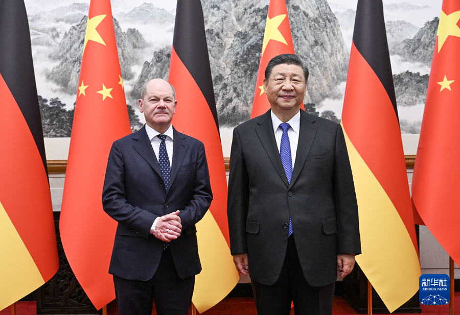 4月16日上午，國家主席習近平在北京釣魚臺國賓館會見德國總理朔爾茨。