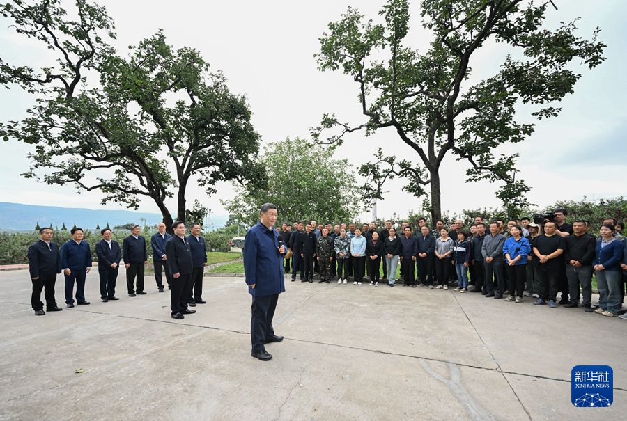 9月10日至13日，中共中央總書記、國家主席、中央軍委主席習近平在甘肅考察。這是11日上午，習近平在天水市麥積區南山花牛蘋果基地考察時，同當地農民群眾和農技人員親切交流。