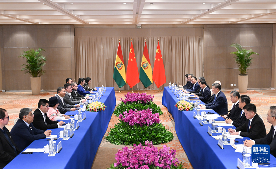 當地時間11月19日上午，國家主席習近平在裏約熱內盧出席二十國集團領導人峰會期間會見玻利維亞總統阿爾塞。