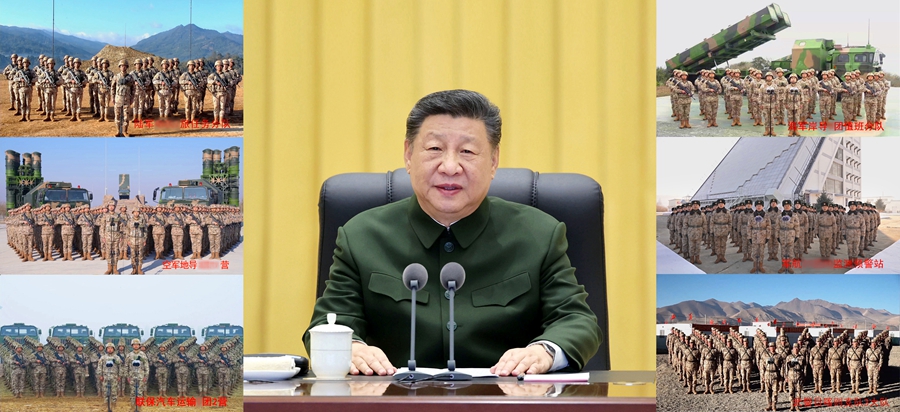 1月24日，中共中央總書記、國家主席、中央軍委主席習近平到北部戰區機關視察慰問，通過視頻看望基層官兵，檢查部隊戰備值班和執行任務情況，代表黨中央和中央軍委，向全體人民解放軍指戰員、武警部隊官兵、軍隊文職人員、預備役人員和民兵致以誠摯問候和新春祝福。這是習近平同南部戰區陸軍某旅任務分隊、東部戰區海軍岸艦導彈某團值班分隊、中部戰區空軍地空導彈某營、軍事航太部隊某監測預警站、鄭州聯勤保障中心汽車運輸某團2營、武警西藏總隊日喀則支隊執勤3大隊官兵進行視頻通話（拼版照片）。