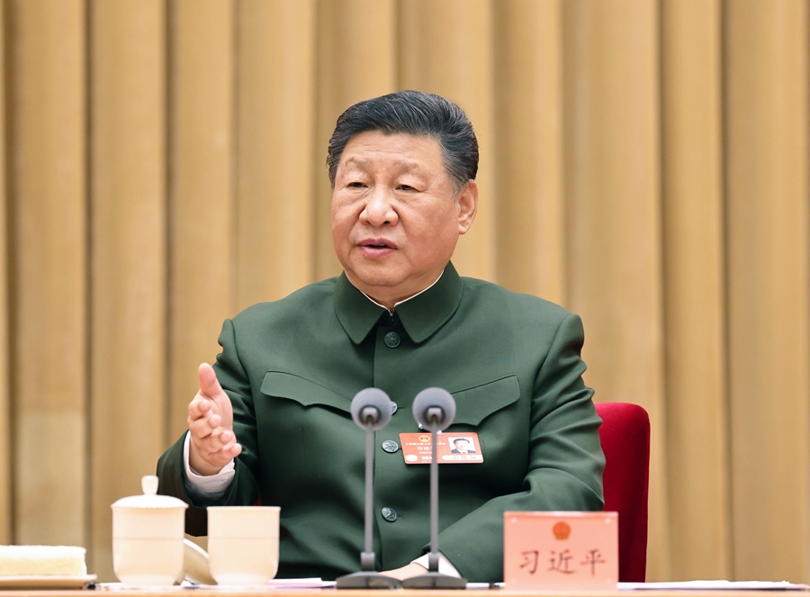 3月7日下午，中共中央總書記、國家主席、中央軍委主席習近平出席十四屆全國人大三次會議解放軍和武警部隊代表團全體會議併發表重要講話。