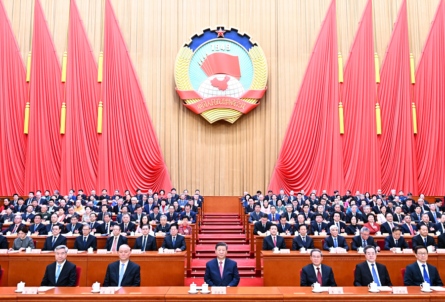 3月10日上午，中國人民政治協商會議第十四屆全國委員會第三次會議在北京人民大會堂閉幕。這是習近平、李強、蔡奇、丁薛祥、李希、韓正在主席臺就座。