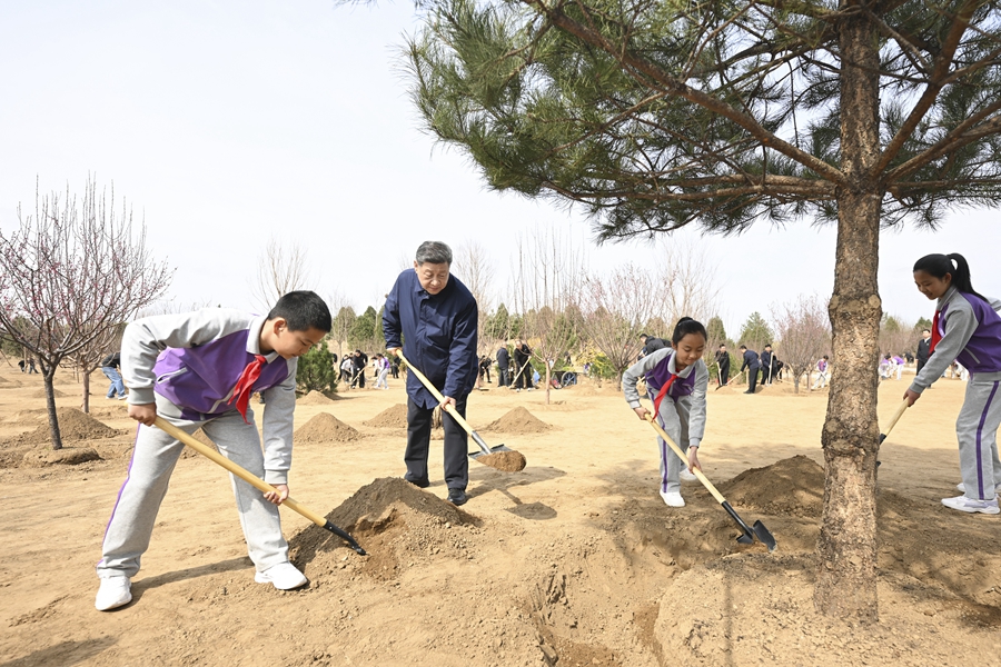 3月30日，黨和國家領導人習近平、李強、趙樂際、王滬寧、蔡奇、丁薛祥、李希等來到北京市昌平區百善鎮參加首都義務植樹活動。這是習近平同大家一起植樹。