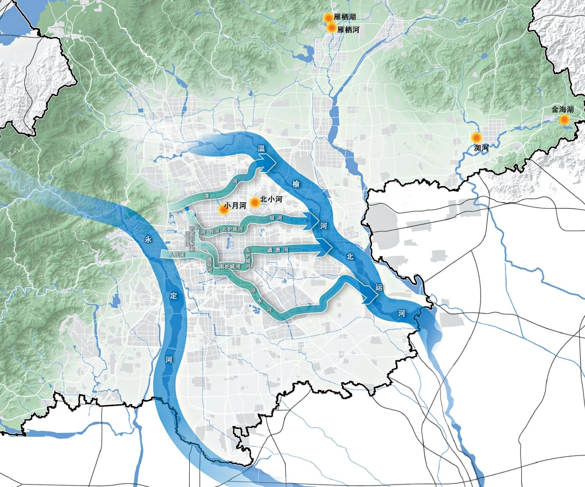 本市將依託清河、壩河、通惠河、涼水河等河流構建四條橫向活力廊道。圖為高品質濱水空間建設佈局示意圖。
